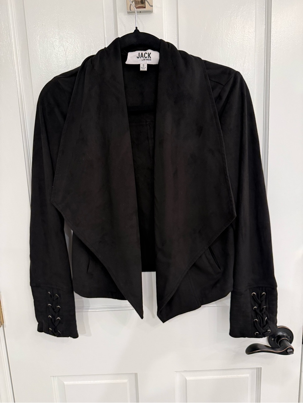Jack by BB Dakota Black Draped Open-Front Blazer with Lace-Up Cuffs